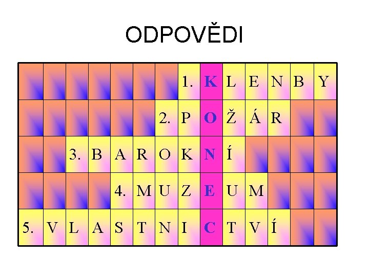 ODPOVĚDI 1. K L E N B Y 2. P O Ž Á R