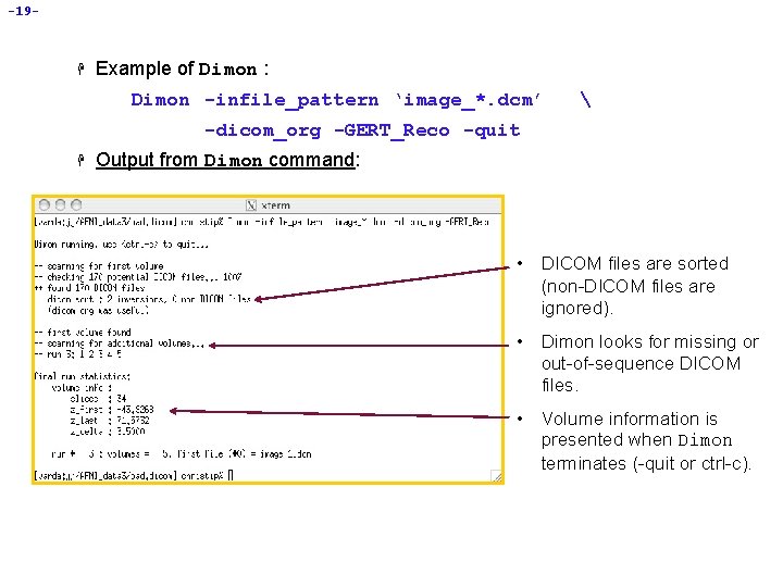 -19 - H Example of Dimon : Dimon -infile_pattern ‘image_*. dcm’  -dicom_org -GERT_Reco