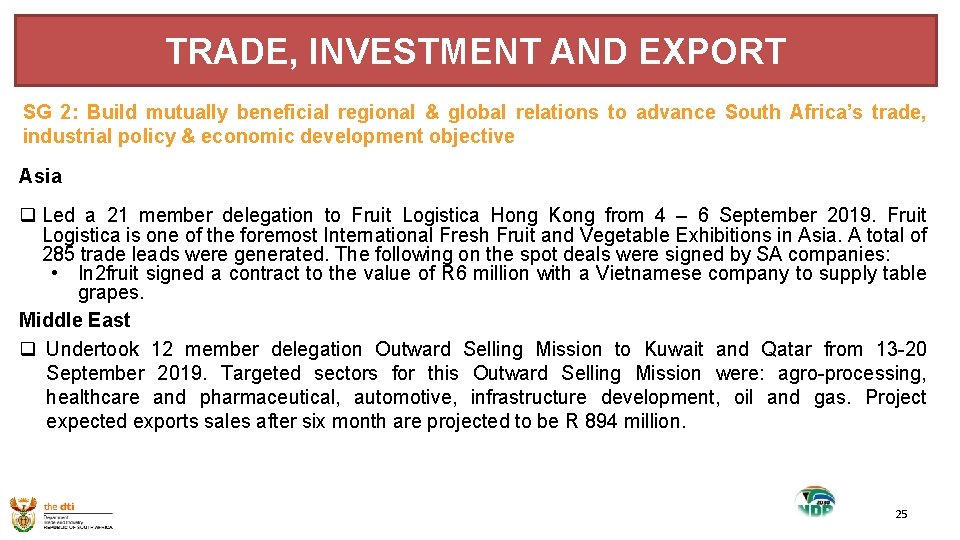 TRADE, INVESTMENT AND EXPORT SG 2: Build mutually beneficial regional & global relations to