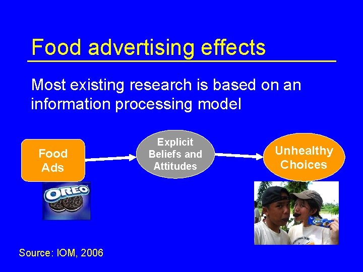 Food advertising effects Most existing research is based on an information processing model Food