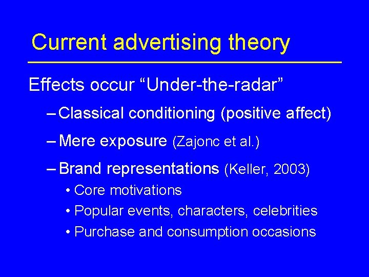 Current advertising theory Effects occur “Under-the-radar” – Classical conditioning (positive affect) – Mere exposure