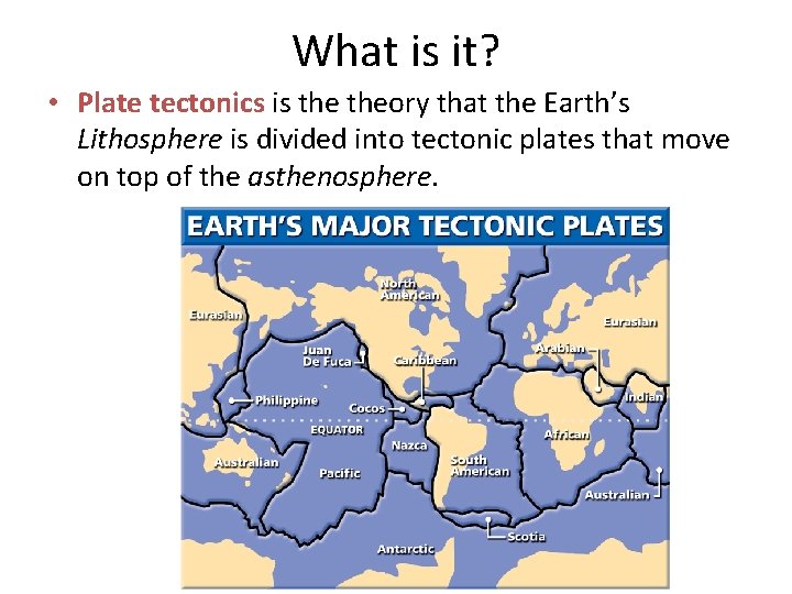 What is it? • Plate tectonics is theory that the Earth’s Lithosphere is divided What is it? • Plate tectonics is theory that the Earth’s Lithosphere is divided