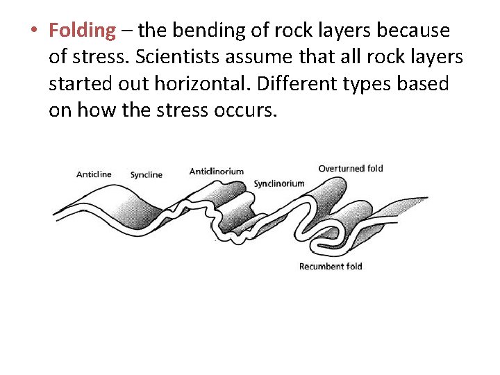 • Folding – the bending of rock layers because of stress. Scientists assume • Folding – the bending of rock layers because of stress. Scientists assume