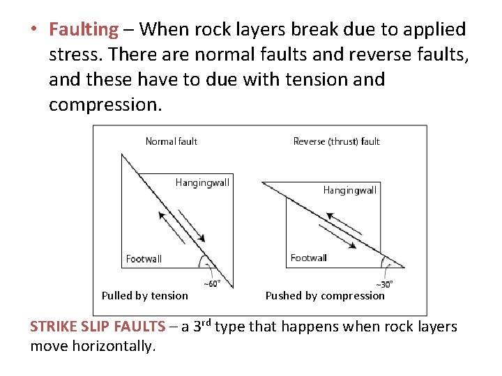 • Faulting – When rock layers break due to applied stress. There are • Faulting – When rock layers break due to applied stress. There are