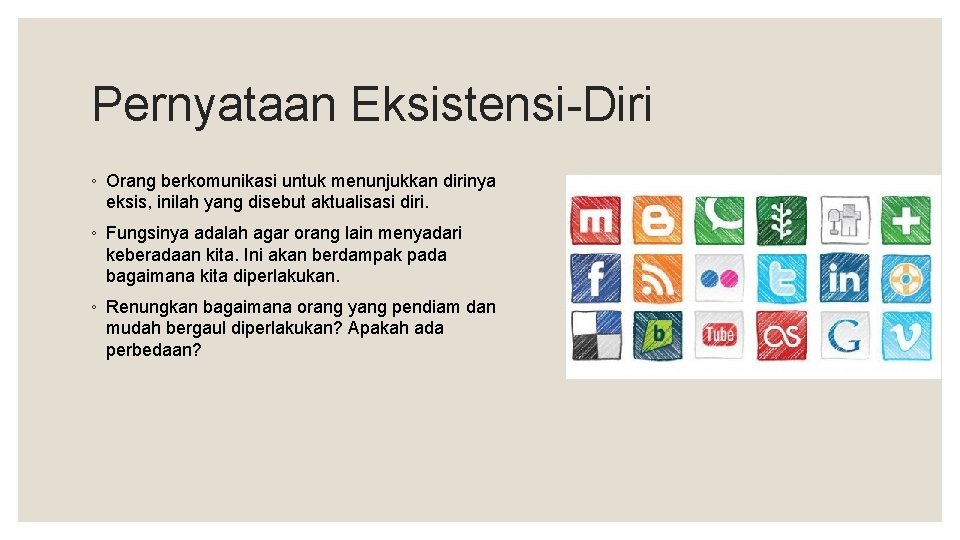 Pernyataan Eksistensi-Diri ◦ Orang berkomunikasi untuk menunjukkan dirinya eksis, inilah yang disebut aktualisasi diri.