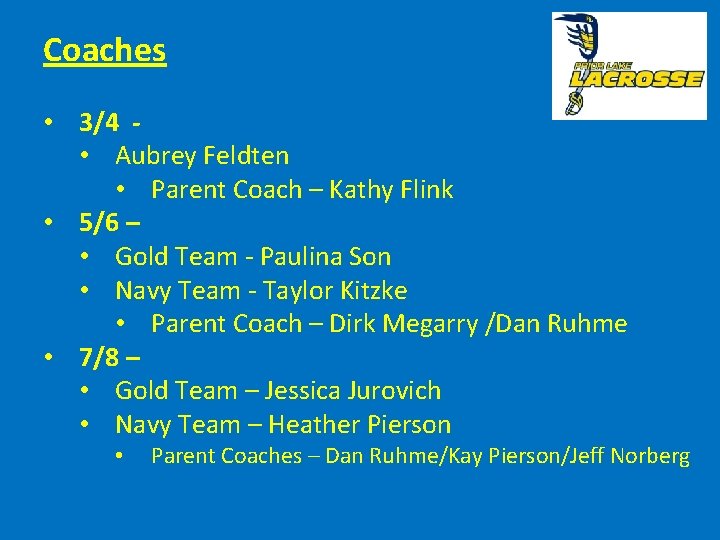 Coaches • 3/4 • Aubrey Feldten • Parent Coach – Kathy Flink • 5/6