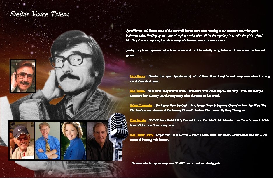 Stellar Voice Talent Space. Venture will feature some of the most well-known voice actors Stellar Voice Talent Space. Venture will feature some of the most well-known voice actors