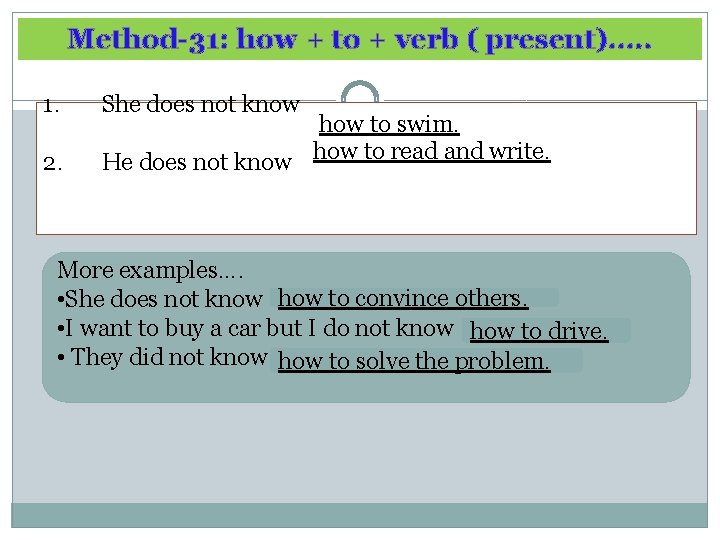 Method-31: how + to + verb ( present)…. . 1. 2. She does not