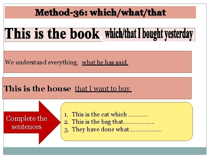 Method-36: which/what/that We understand everything, what he has said. This is the house that