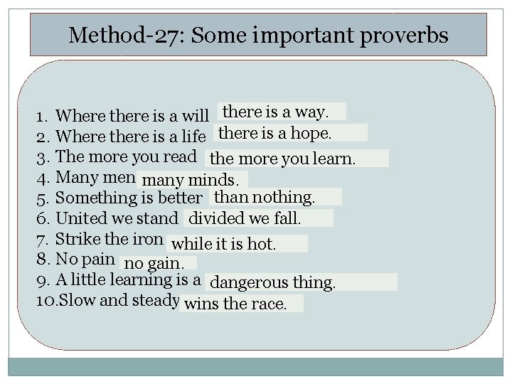 Method-27: Some important proverbs 1. Where there is a will there is a way.