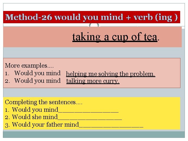 Method-26 would you mind + verb (ing ) taking a cup of tea. More