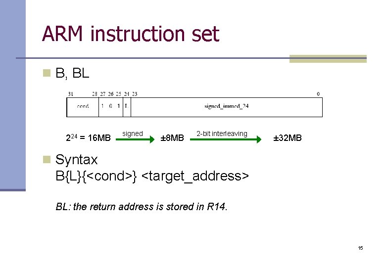 ARM instruction set n B, BL 224 = 16 MB signed ± 8 MB