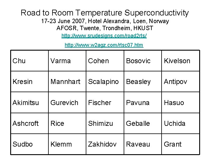 Road to Room Temperature Superconductivity 17 -23 June 2007, Hotel Alexandra, Loen, Norway AFOSR,