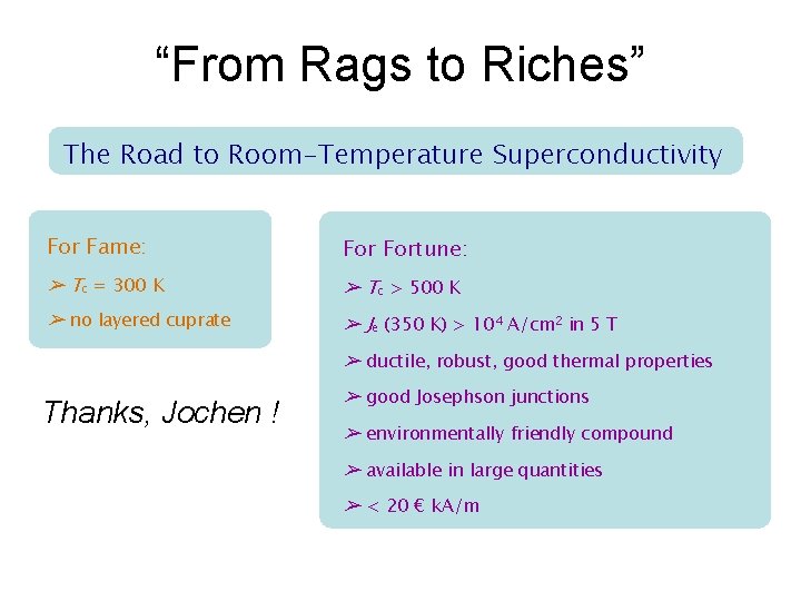 “From Rags to Riches” The Road to Room-Temperature Superconductivity For Fame: Fortune: ➢ Tc