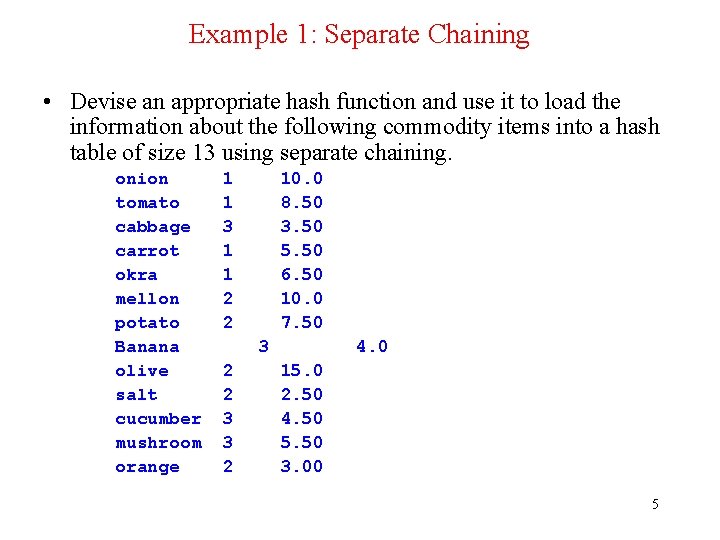 Example 1: Separate Chaining • Devise an appropriate hash function and use it to