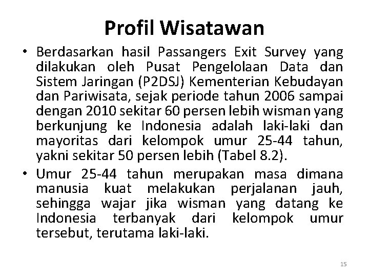 Profil Wisatawan • Berdasarkan hasil Passangers Exit Survey yang dilakukan oleh Pusat Pengelolaan Data