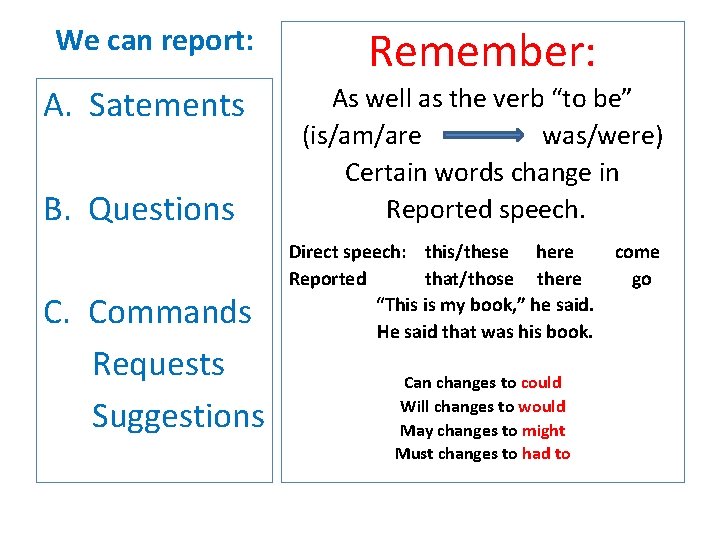 We can report: A. Satements B. Questions C. Commands Requests Suggestions Remember: As well