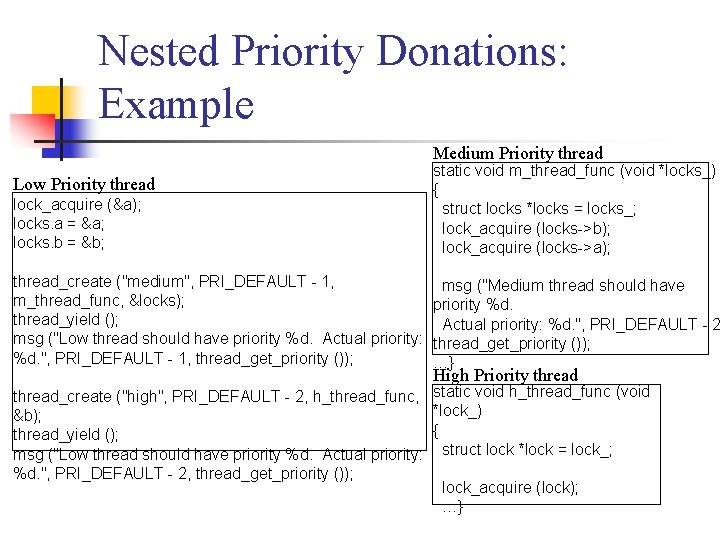 Nested Priority Donations: Example Medium Priority thread Low Priority thread lock_acquire (&a); locks. a