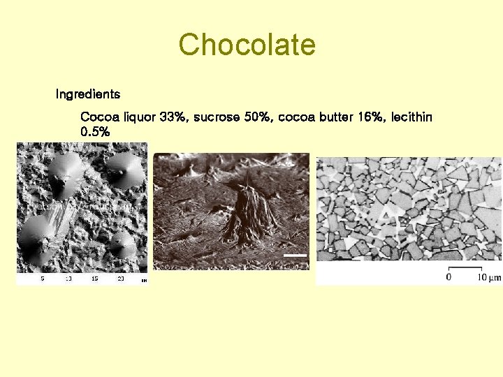 Chocolate Ingredients Cocoa liquor 33%, sucrose 50%, cocoa butter 16%, lecithin 0. 5% 