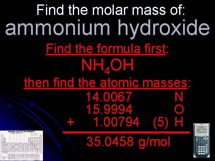 Find the molar mass of: ammonium hydroxide Find the formula first: NH 4 OH