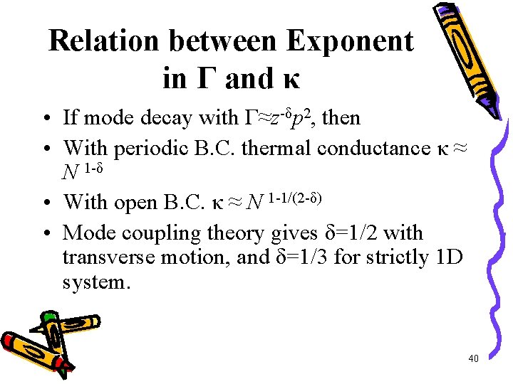 Relation between Exponent in Γ and κ • If mode decay with Γ≈z-δp 2,