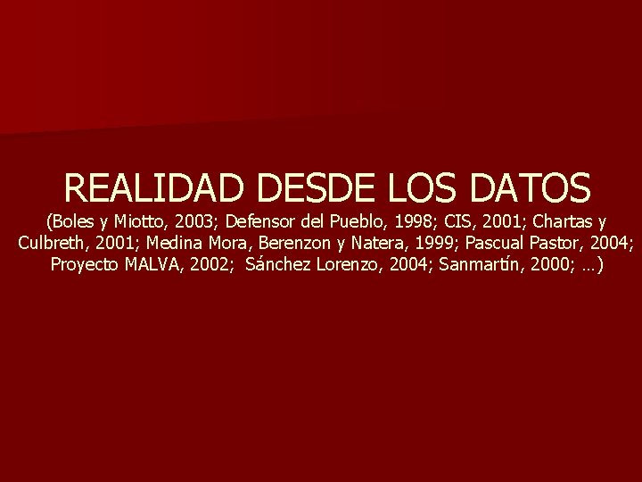 REALIDAD DESDE LOS DATOS (Boles y Miotto, 2003; Defensor del Pueblo, 1998; CIS, 2001;
