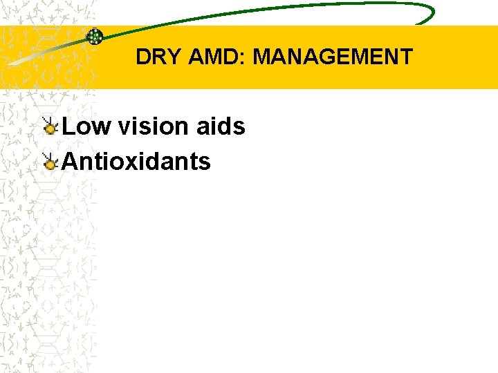 DRY AMD: MANAGEMENT Low vision aids Antioxidants 
