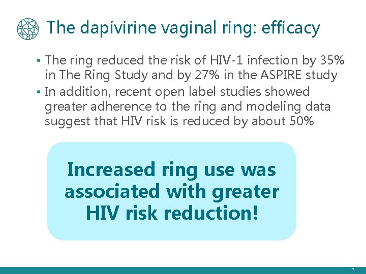 The dapivirine vaginal ring: efficacy • The ring reduced the risk of HIV-1 infection