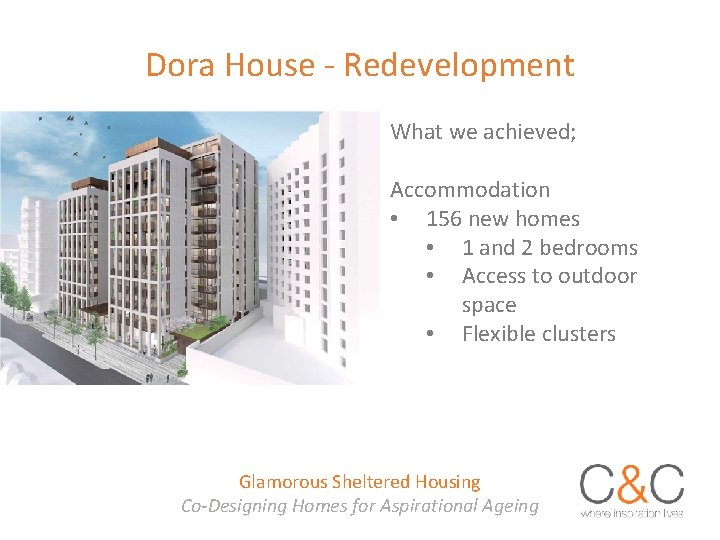 Dora House - Redevelopment What we achieved; Accommodation • 156 new homes • 1