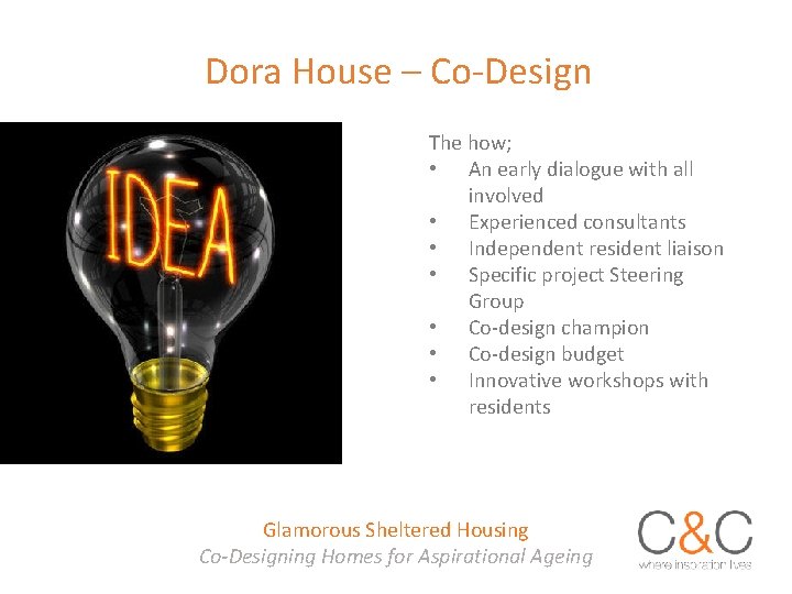 Dora House – Co-Design The how; • An early dialogue with all involved •