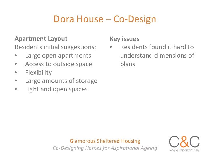 Dora House – Co-Design Apartment Layout Residents initial suggestions; • Large open apartments •