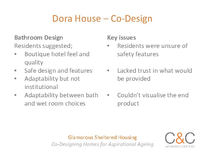 Dora House – Co-Design Bathroom Design Residents suggested; • Boutique hotel feel and quality