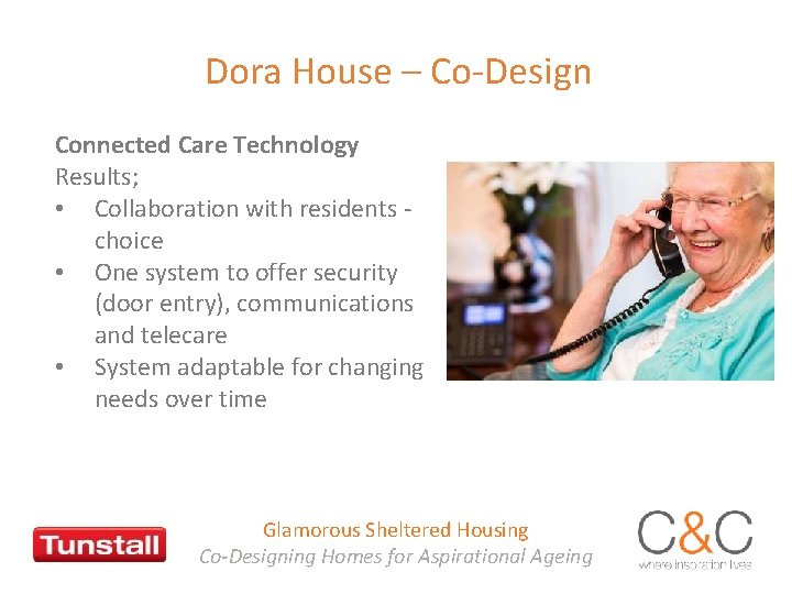 Dora House – Co-Design Connected Care Technology Results; • Collaboration with residents choice •
