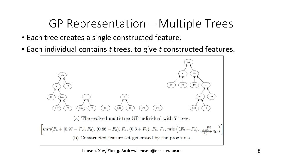 GP Representation – Multiple Trees • Each tree creates a single constructed feature. •