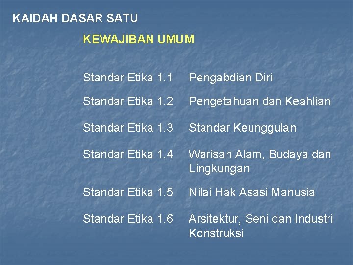 KAIDAH DASAR SATU KEWAJIBAN UMUM Standar Etika 1. 1 Pengabdian Diri Standar Etika 1.