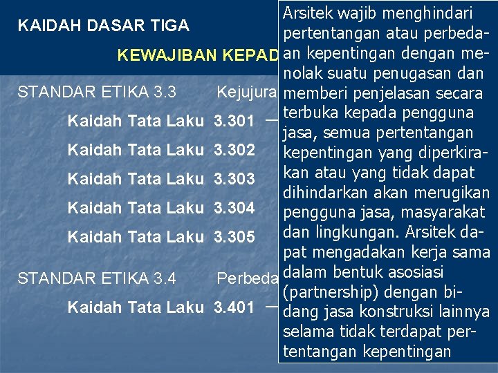 Arsitek wajib menghindari KAIDAH DASAR TIGA pertentangan atau perbeda. Arsitek tidak dibenarkan an. PENGGUNA