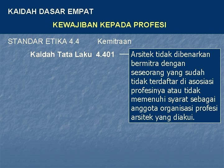 KAIDAH DASAR EMPAT KEWAJIBAN KEPADA PROFESI STANDAR ETIKA 4. 4 Kemitraan Kaidah Tata Laku