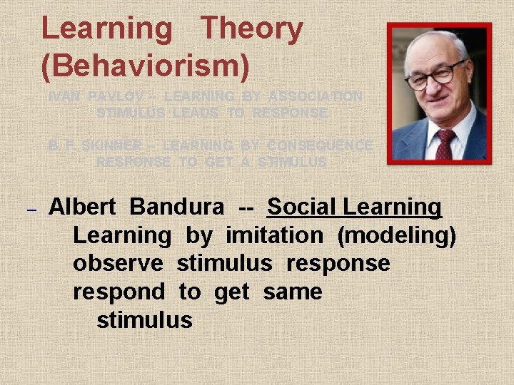 Learning Theory (Behaviorism) – IVAN PAVLOV -- LEARNING BY ASSOCIATION STIMULUS LEADS TO RESPONSE