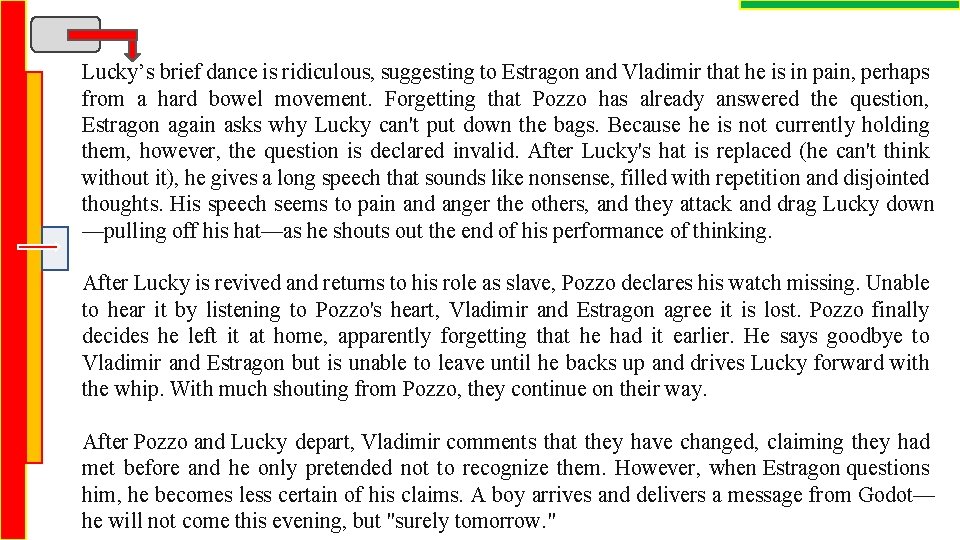 Lucky’s brief dance is ridiculous, suggesting to Estragon and Vladimir that he is in