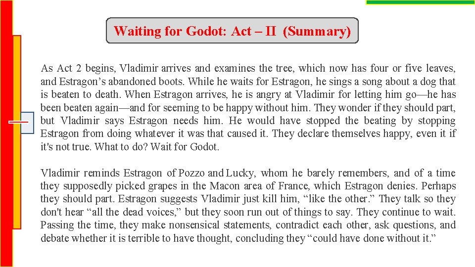 Waiting for Godot: Act – II (Summary) As Act 2 begins, Vladimir arrives and