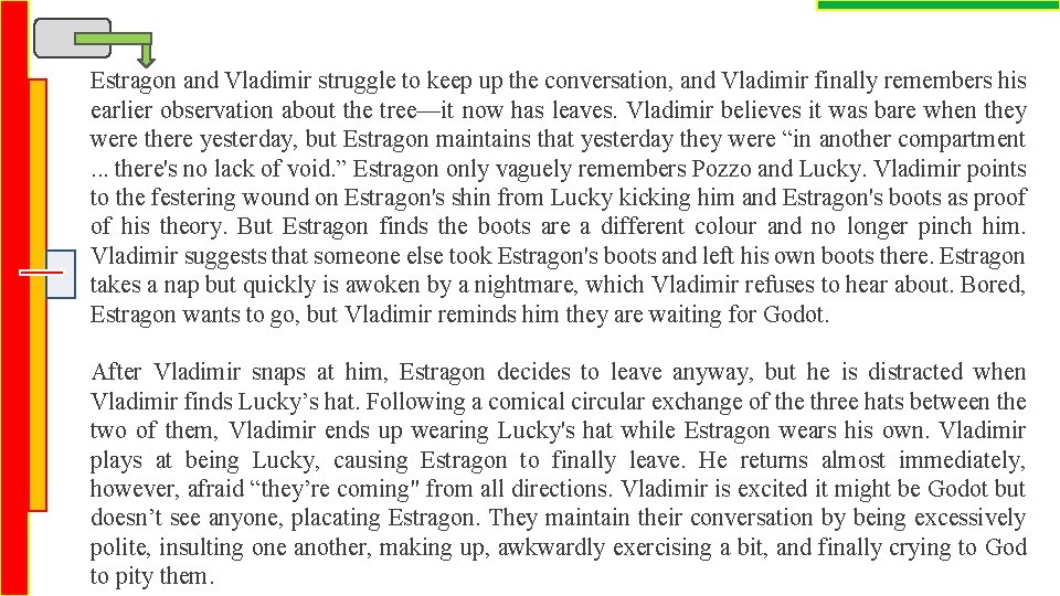 Estragon and Vladimir struggle to keep up the conversation, and Vladimir finally remembers his