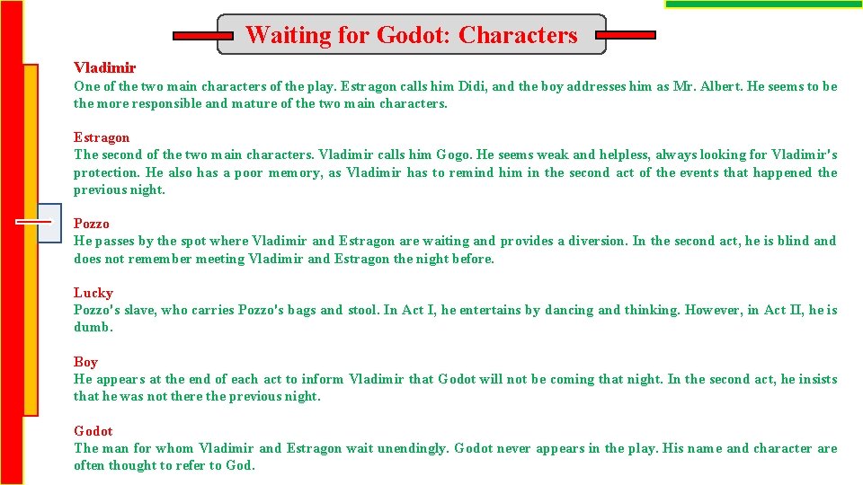 Waiting for Godot: Characters Vladimir One of the two main characters of the play.