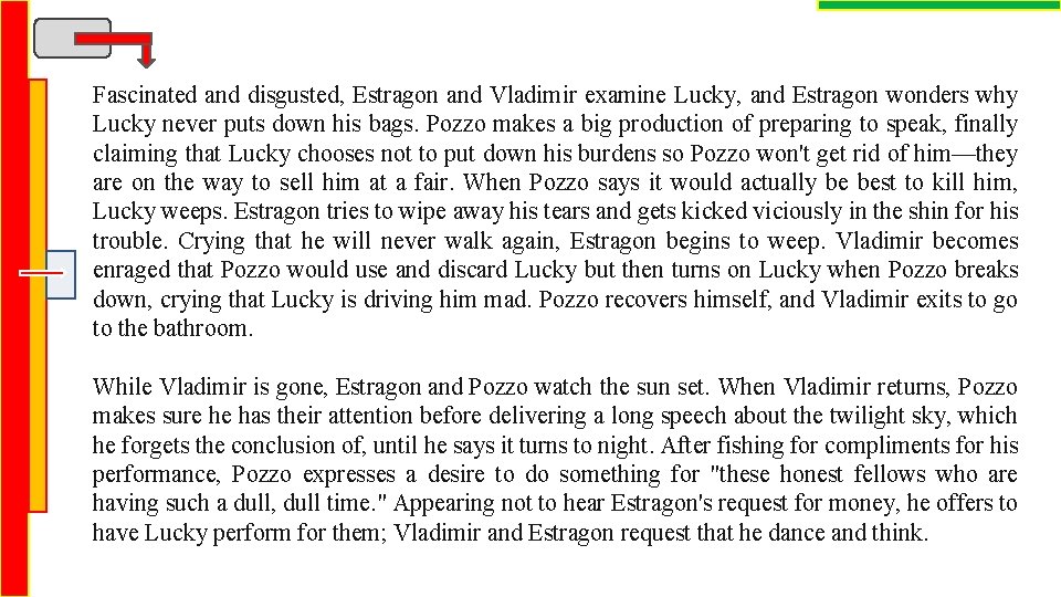 Fascinated and disgusted, Estragon and Vladimir examine Lucky, and Estragon wonders why Lucky never