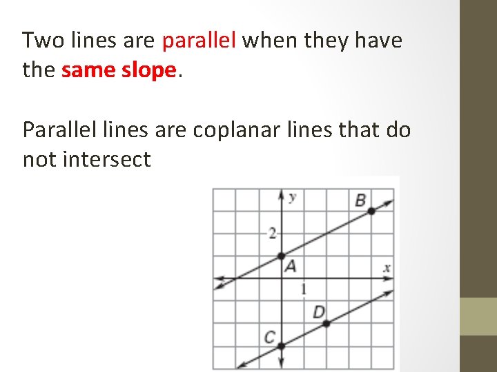 Two lines are parallel when they have the same slope. Parallel lines are coplanar