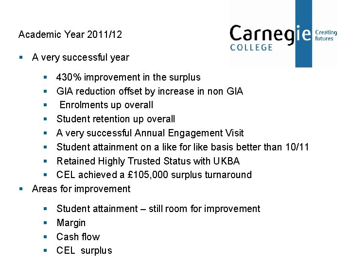 Academic Year 2011/12 § A very successful year § 430% improvement in the surplus