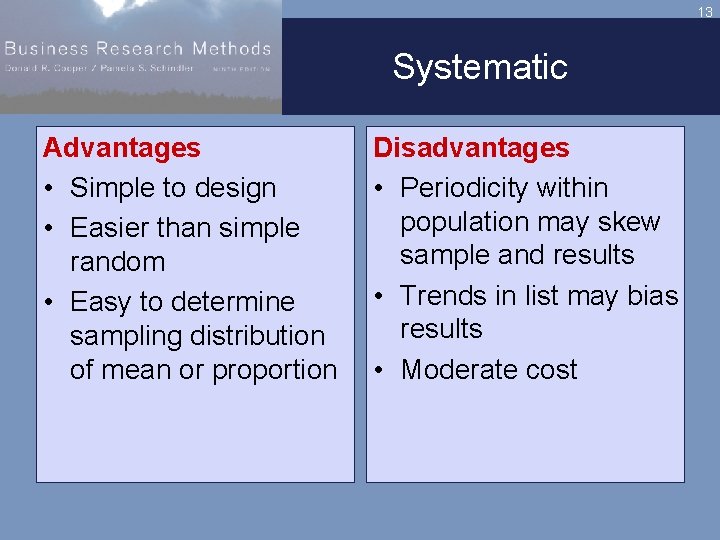 13 Systematic Advantages • Simple to design • Easier than simple random • Easy