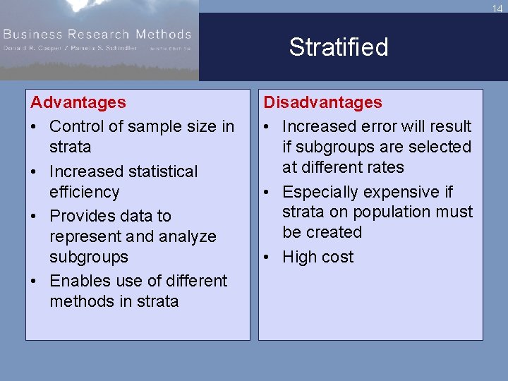 14 Stratified Advantages • Control of sample size in strata • Increased statistical efficiency