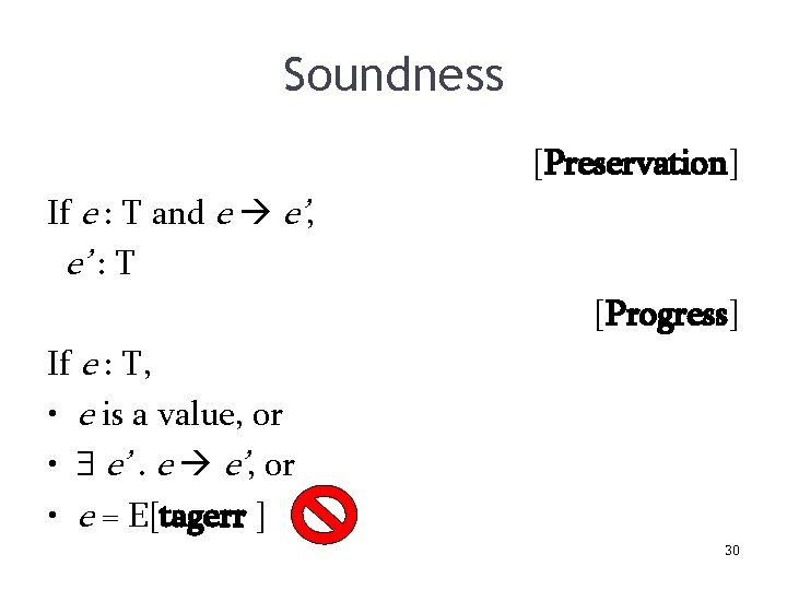 Soundness [Preservation] If e : T and e e’, e’ : T [Progress] If