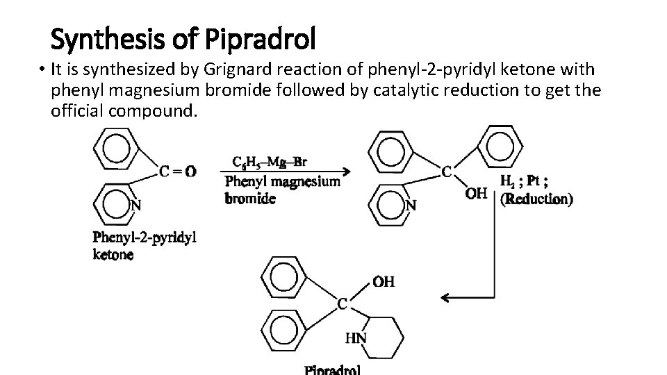 Synthesis of Pipradrol • It is synthesized by Grignard reaction of phenyl-2 -pyridyl ketone Synthesis of Pipradrol • It is synthesized by Grignard reaction of phenyl-2 -pyridyl ketone