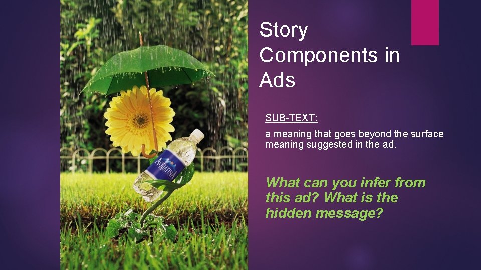 Story Components in Ads SUB-TEXT: a meaning that goes beyond the surface meaning suggested